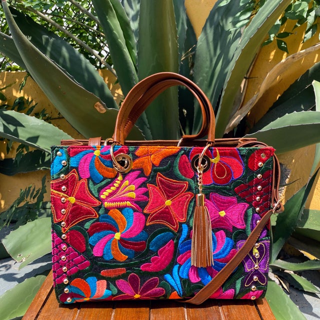 Embroidered leather bag sales